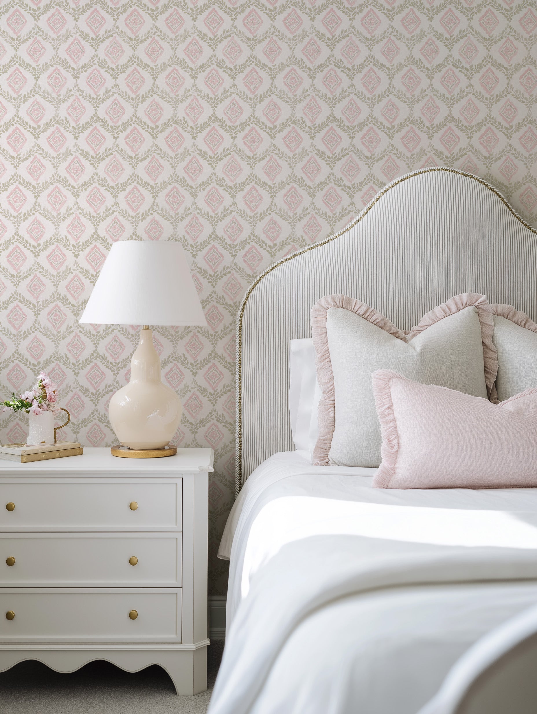 Petite Pink Palais Wallpaper from Olive et Oriel where you can shop wallpaper and artworks online