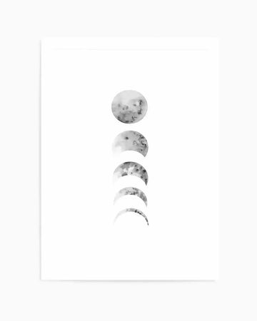 Vertical black and white art print showing five lunar phases arranged in a centered column against a white background. The top circle displays the full moon with visible surface craters and texture. Below it are four crescent phases in decreasing illumination, each showing detailed lunar surface features in grayscale. The photograph-style imagery has a soft, ethereal quality with subtle shadows and atmospheric effects. The print is presented unframed with clean white borders on all sides.