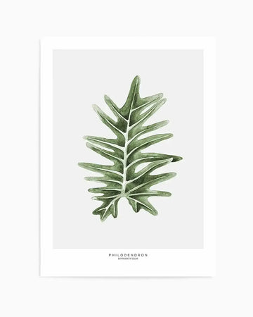 Watercolour art print featuring a single Philodendron Bipinnatifidum leaf in deep emerald green with visible white veins and soft brushstroke detail on a white background.
