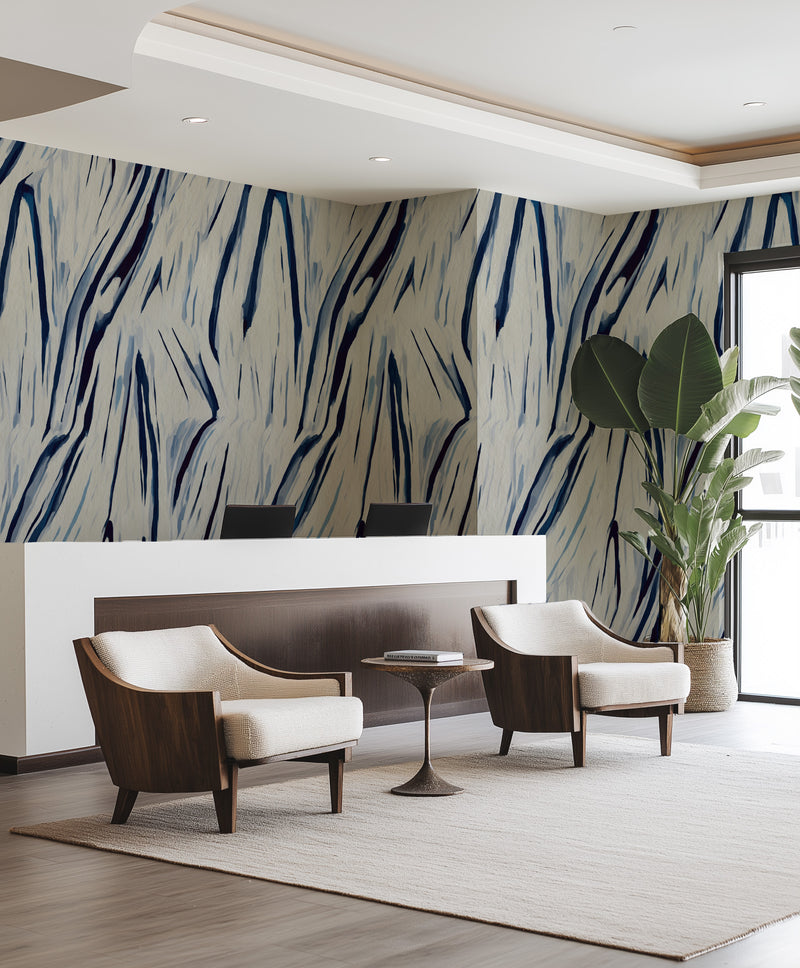 Pienza Abstract in Navy Blue Commercial Vinyl Wallpaper from Olive et Oriel where you can shop wallpaper and artworks online