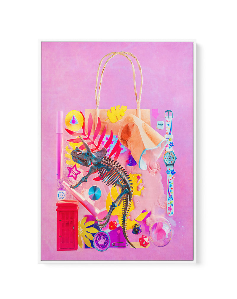 Pink Dino Playtime by Dina Belenko | Framed Canvas Art Print