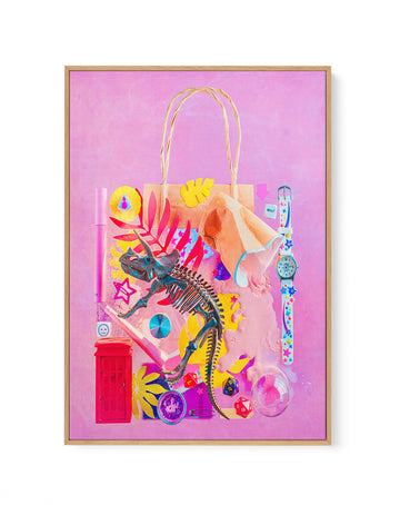 Pink Dino Playtime by Dina Belenko | Framed Canvas Wall Art