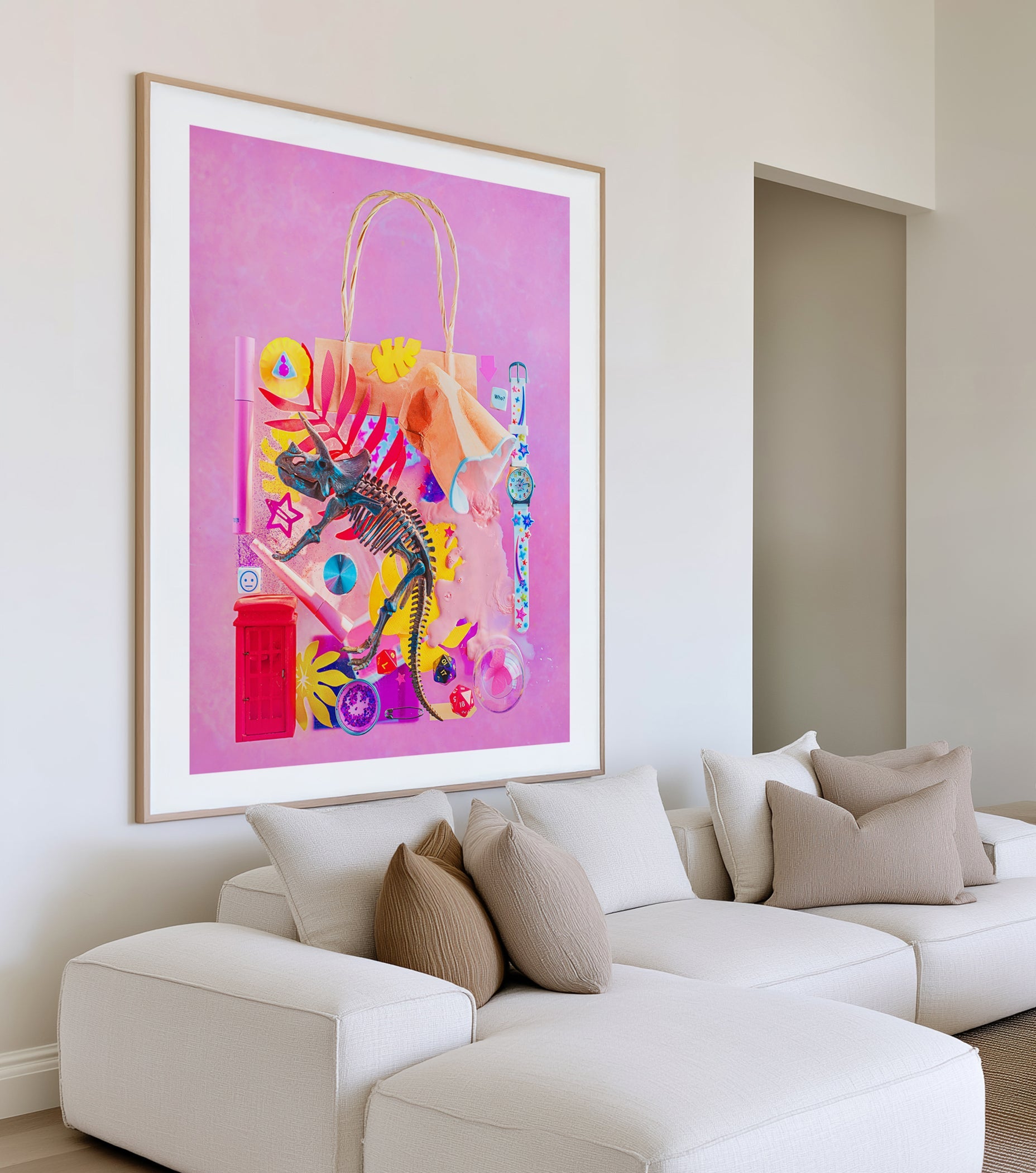 Modern living room with a white sectional sofa and a colorful abstract painting on the wall.