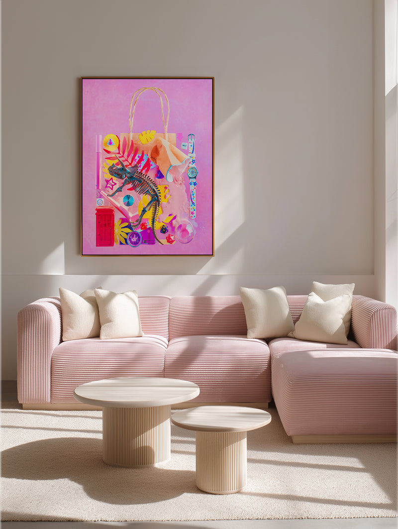 Pink Dino Playtime by Dina Belenko | Framed Canvas Art Print