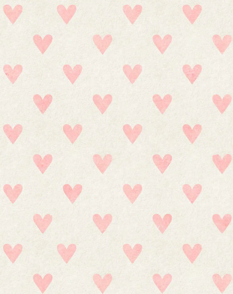 Peel and stick wallpaper featuring a repeating pattern of hand-painted blush pink hearts on a textured, off-white background. The hearts are evenly spaced in a grid, creating a soft, romantic, and playful design with a subtle watercolour texture.