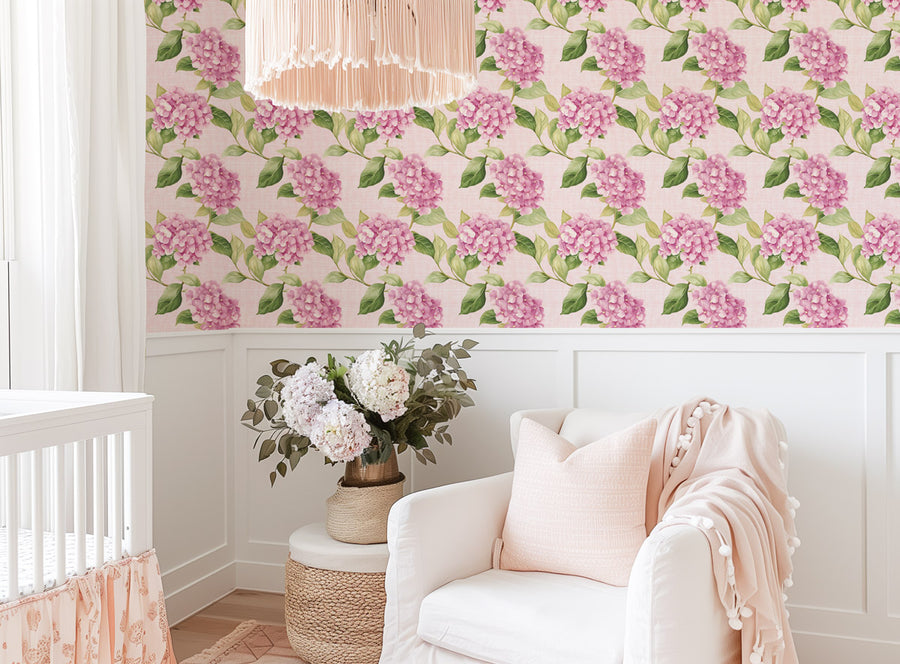 Pink Hydrangea Floral Wallpaper from Olive et Oriel where you can shop wallpaper and artworks online