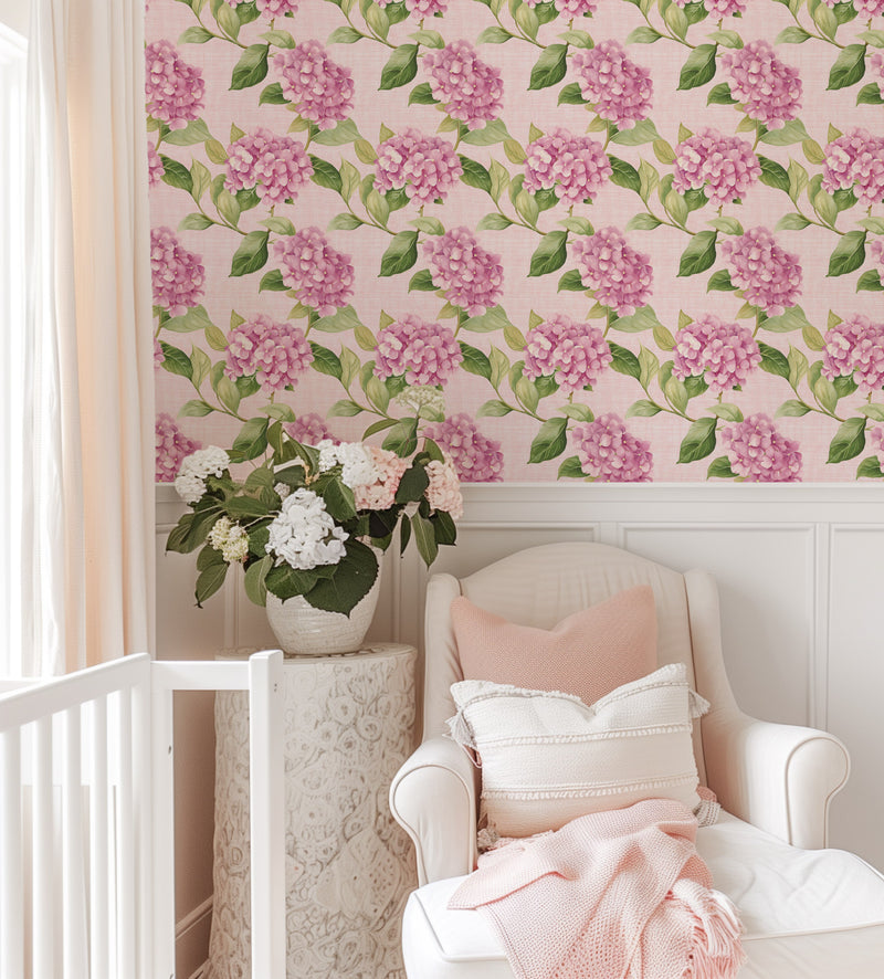Pink Hydrangea Floral Wallpaper from Olive et Oriel where you can shop wallpaper and artworks online