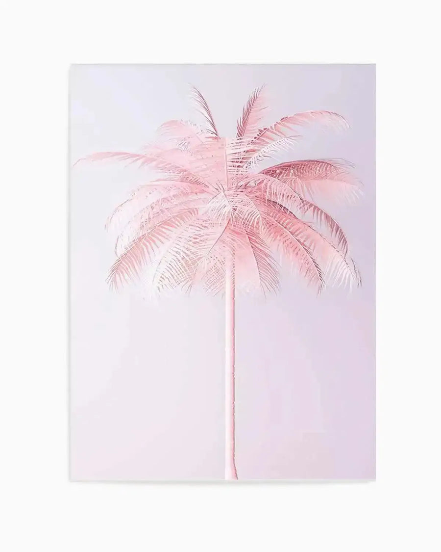 Vertical art print featuring a single palm tree with a slender pink trunk centered against a soft, gradient background transitioning from white to pale lavender. The palm fronds spread outward in a full, feathered canopy rendered in varying shades of dusty rose and blush pink with delicate linear detailing. The illustration style appears soft and watercolor-like with a minimalist aesthetic and generous negative space surrounding the botanical subject.