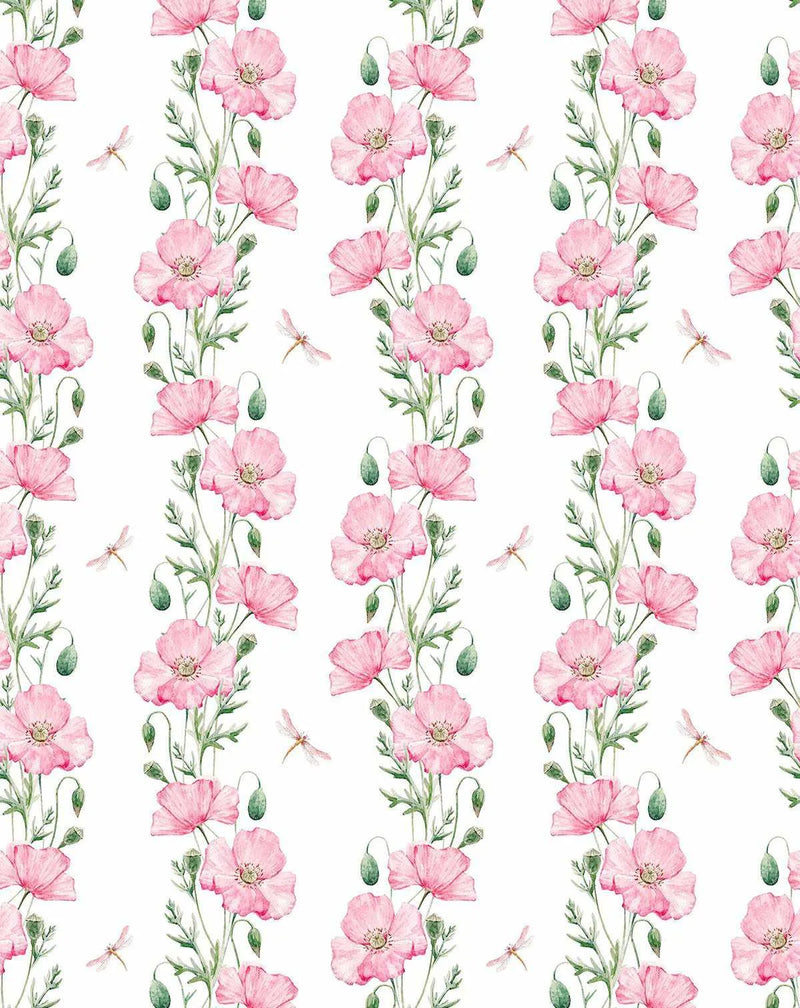 Peel and stick wallpaper featuring a repeating pattern of hand-painted pink poppy flowers with green stems and leaves, interspersed with small dragonflies, on a white background. The watercolour design has a delicate, organic quality with visible brushstroke texture.
