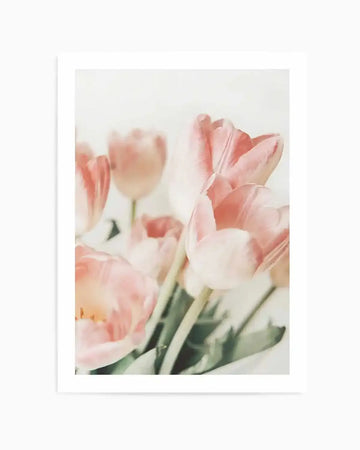 Watercolour art print featuring a soft focus bouquet of pink tulips with delicate brushstroke detail on a light cream background, printed on fine art paper and displayed in a white frame with white border.