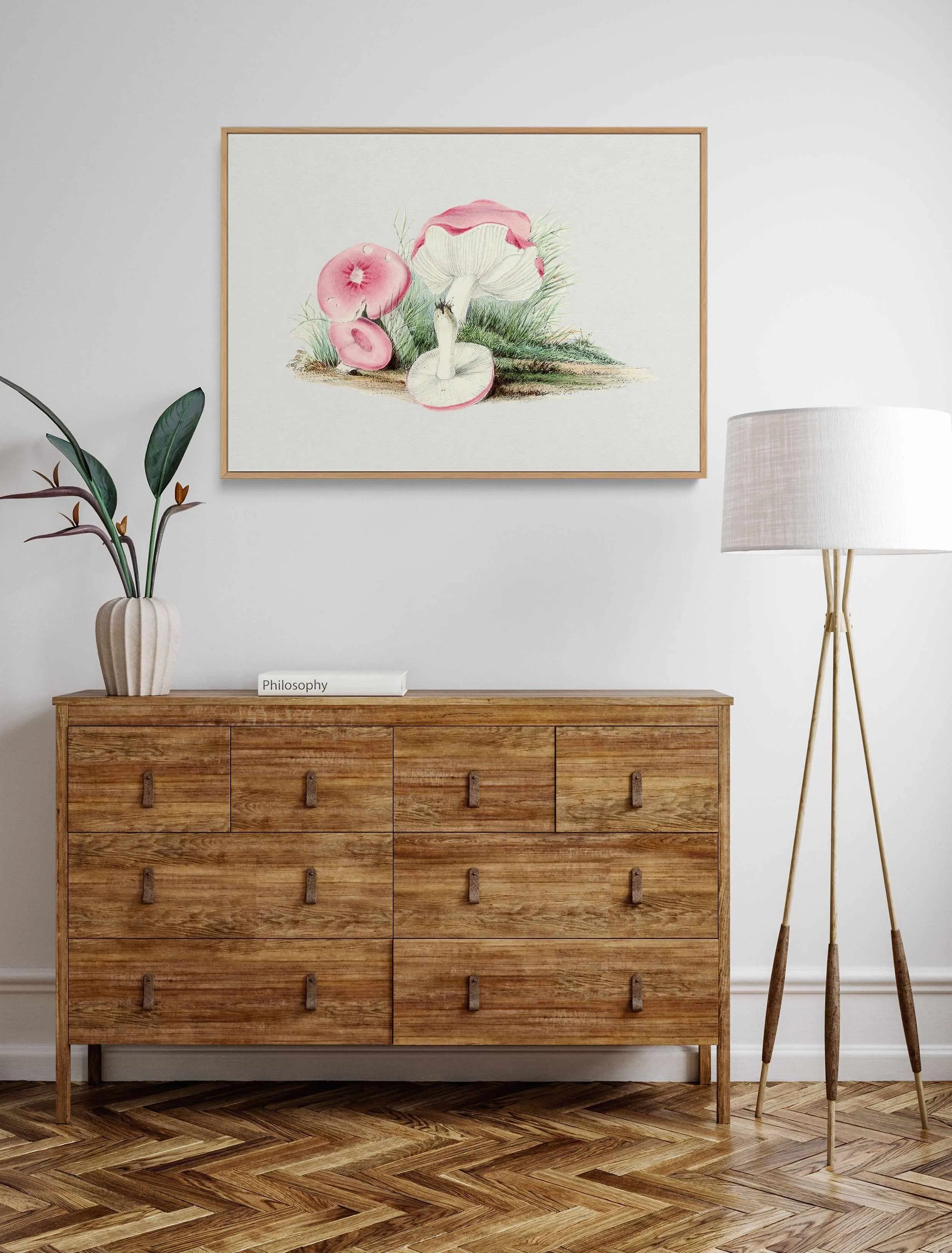 Pink Vintage Mushroom Illustration | Framed Canvas Art Print from Olive et Oriel where you can shop wallpaper and artworks online