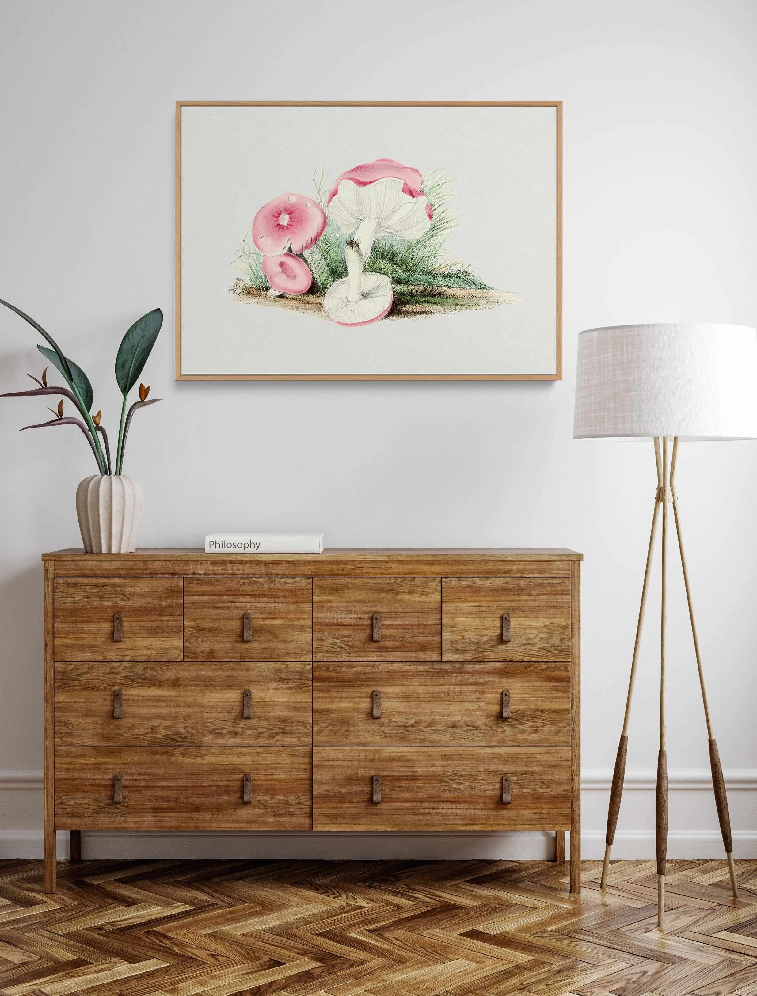 Pink Vintage Mushroom Illustration | Framed Canvas Art Print from Olive et Oriel where you can shop wallpaper and artworks online