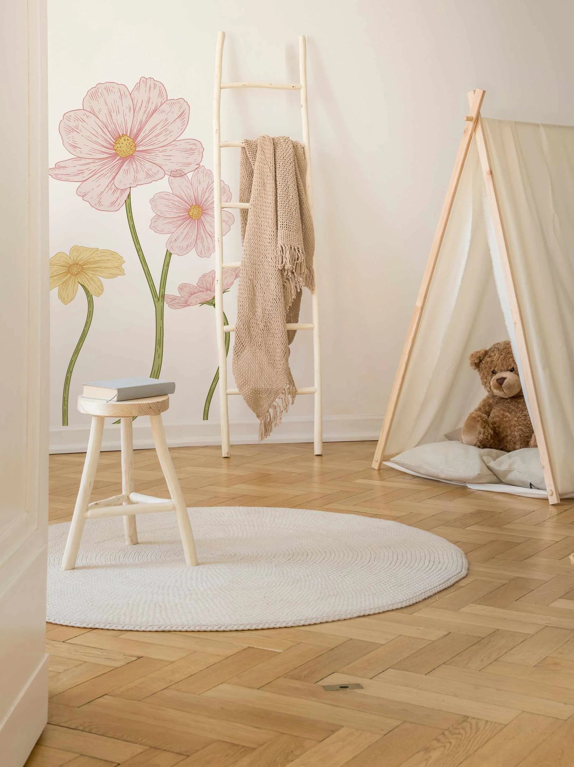 Pink & Yellow Flowers Removable Decal Set-Decals-Olive et Oriel-Decorate your kids bedroom wall decor with removable wall decals, these fabric kids decals are a great way to add colour and update your children's bedroom. Available as girls wall decals or boys wall decals, there are also nursery decals.