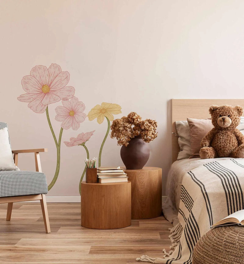 Pink & Yellow Flowers Removable Decal Set-Decals-Olive et Oriel-Decorate your kids bedroom wall decor with removable wall decals, these fabric kids decals are a great way to add colour and update your children's bedroom. Available as girls wall decals or boys wall decals, there are also nursery decals.