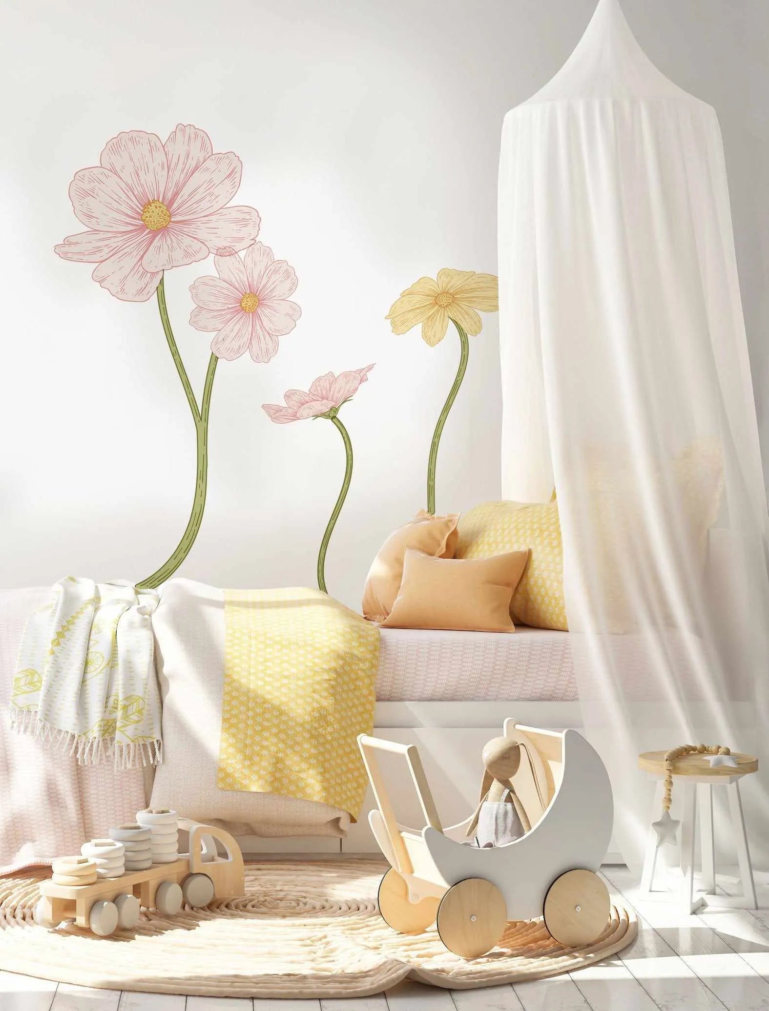 Pink & Yellow Flowers Removable Decal Set-Decals-Olive et Oriel-Decorate your kids bedroom wall decor with removable wall decals, these fabric kids decals are a great way to add colour and update your children's bedroom. Available as girls wall decals or boys wall decals, there are also nursery decals.