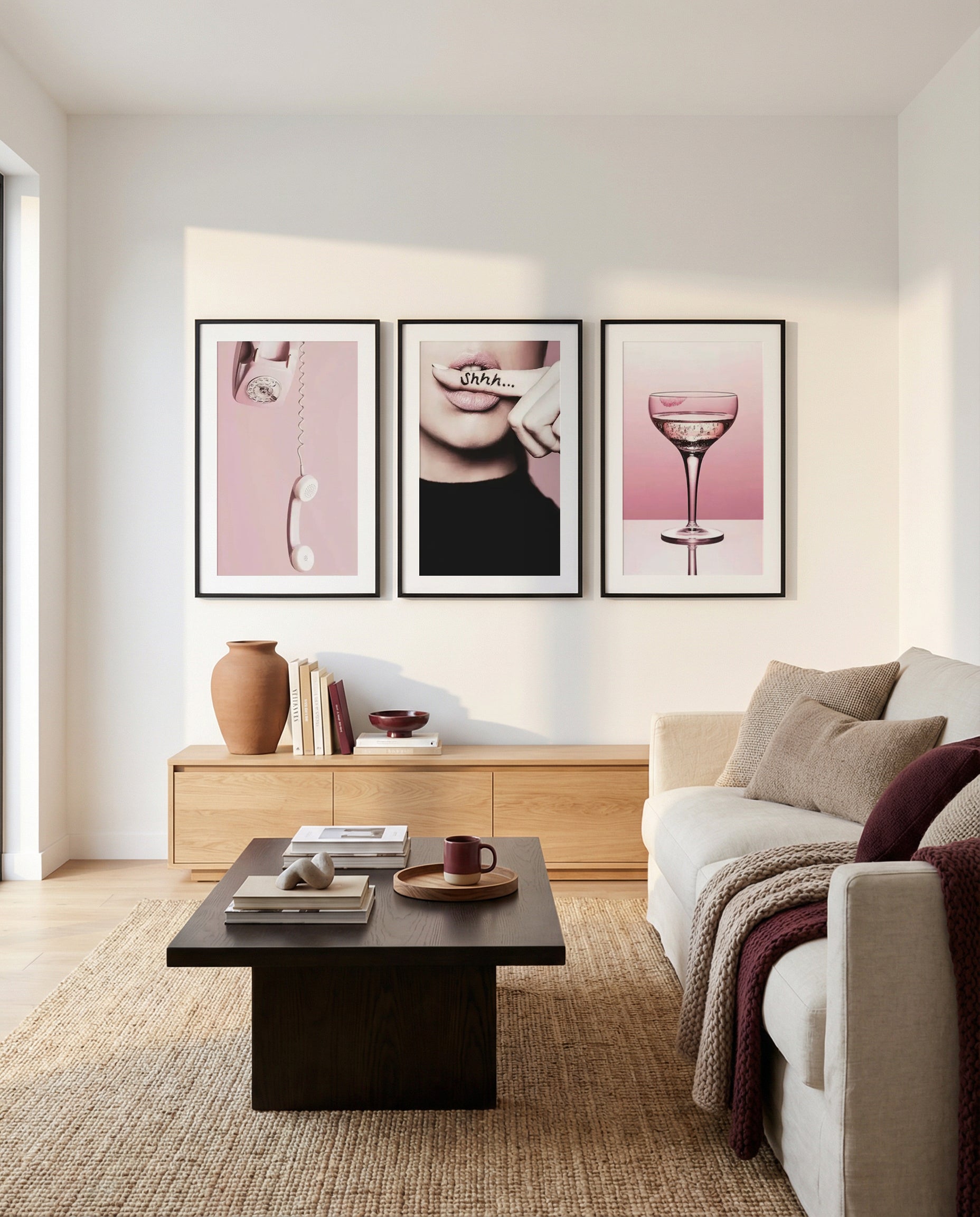 Pink Champagne, Shhh... Silence & Pink Telephone | 3 Piece Wall Art Set