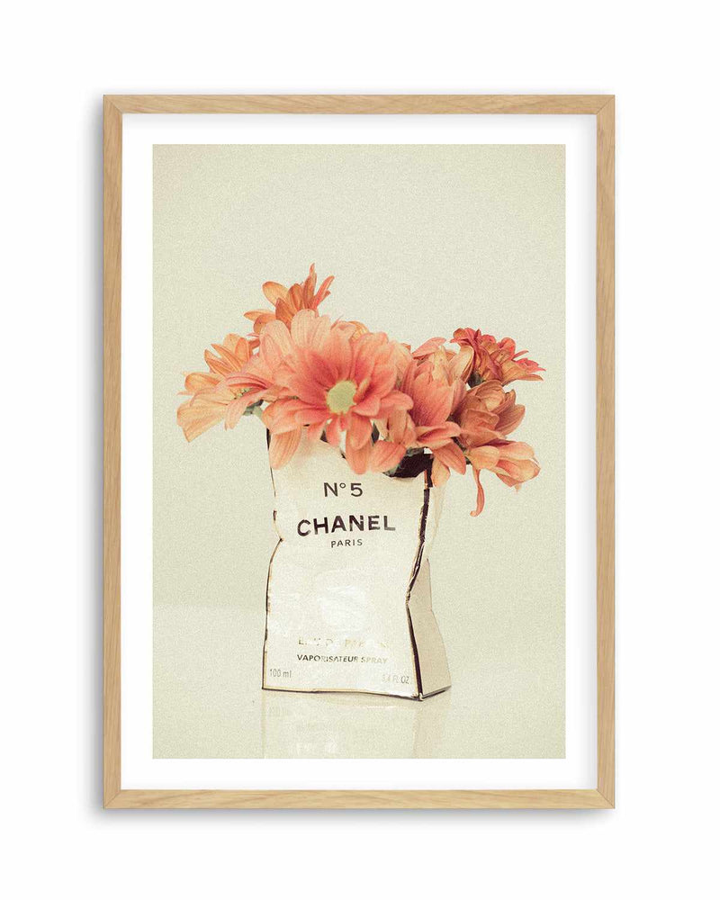 Framed Canvas Art (Champagne) - Perfume & Flowers by Elza Fouche ( Fashion > Hair & Beauty > Perfume Bottles art) - 26x18 in