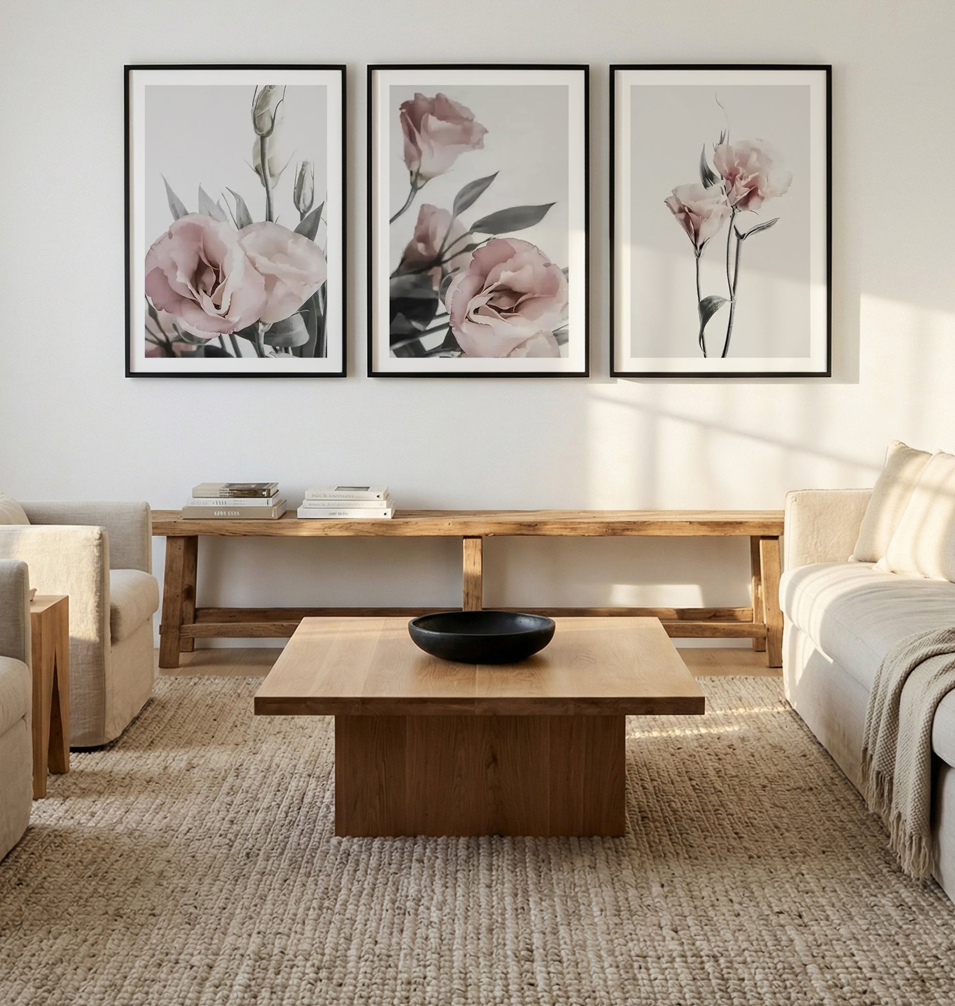 Pink Lisianthus I, II & III | 3 Piece Wall Art Set in Grey and Pink art print oak frame with white border