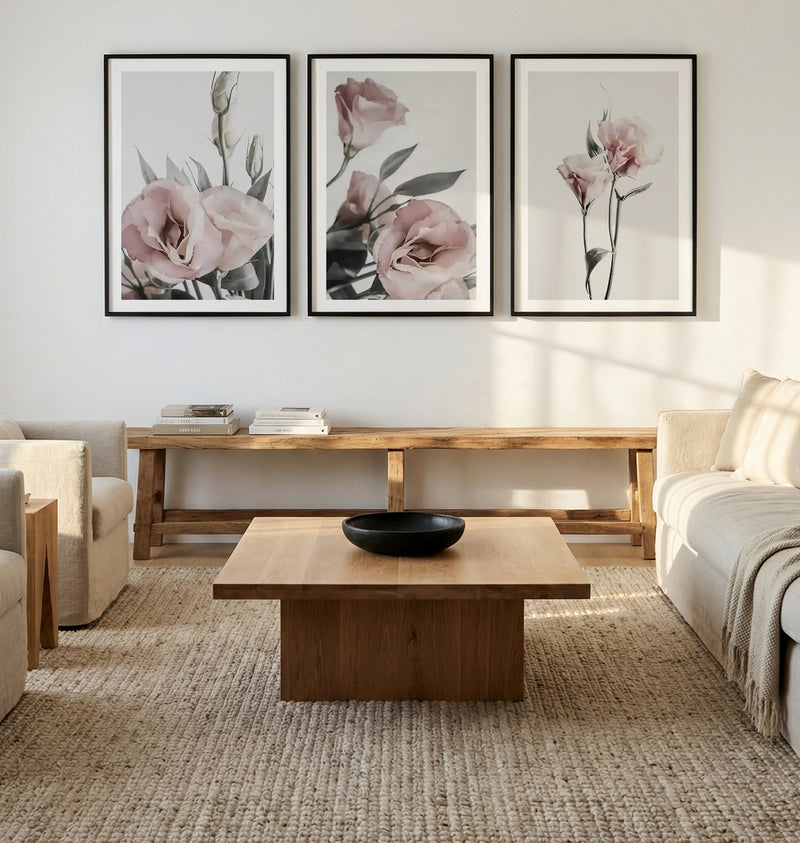 Pink Lisianthus I, II & III | 3 Piece Wall Art Set in Grey and Pink art print oak frame with white border