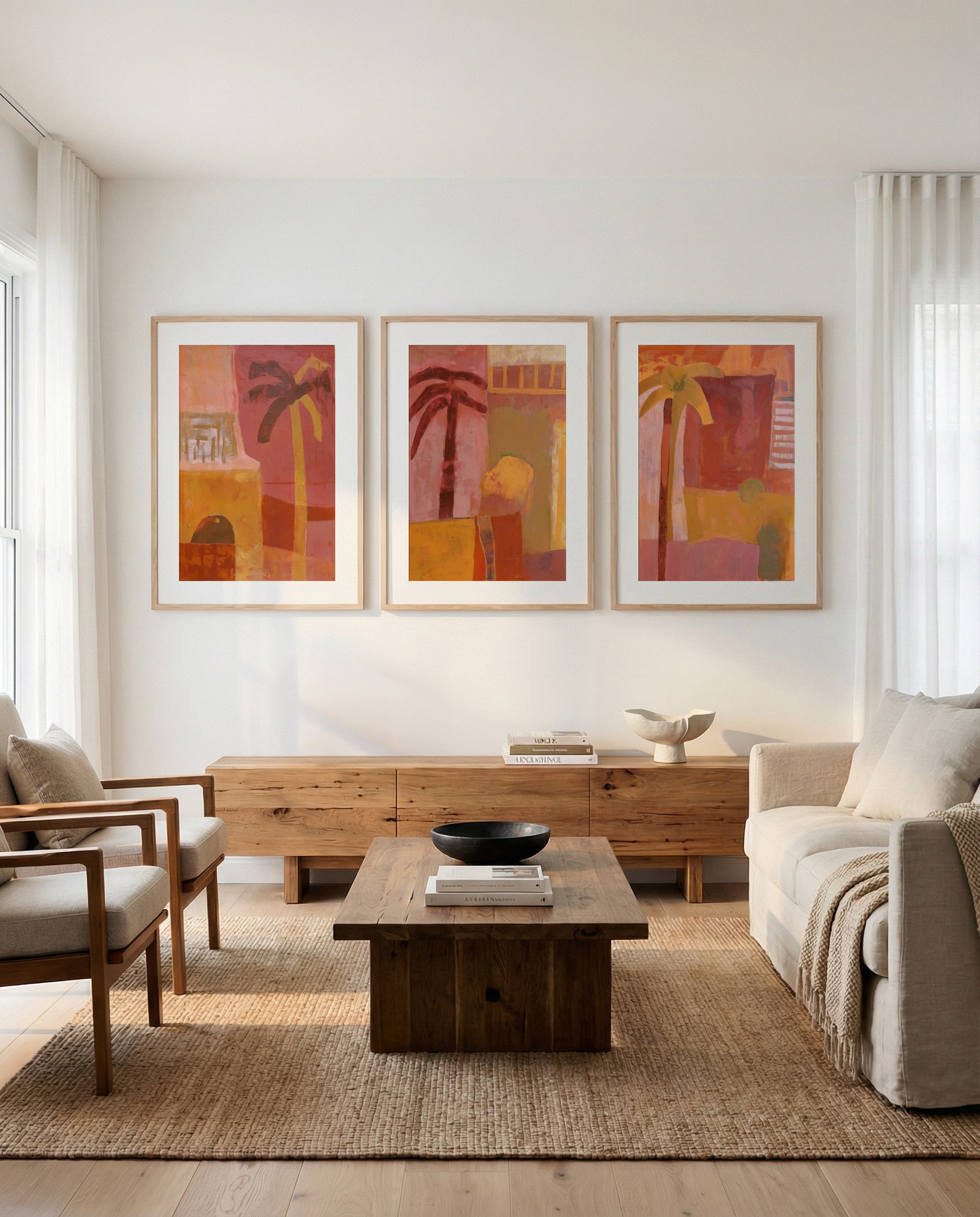 Pink Mesa Palms I, II & III | 3 Piece Wall Art Set in Orange and Red abstract art print oak frame with white border