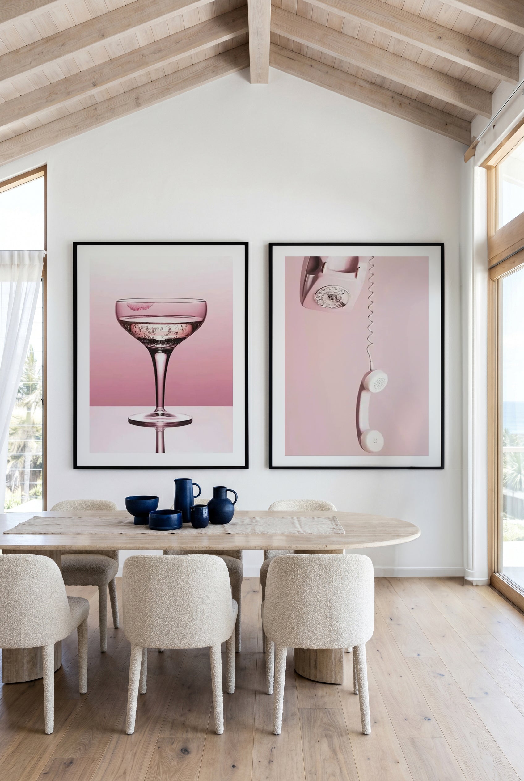 Pink Champagne & Pink Telephone Art Print Set of 2 | Matching Wall Art