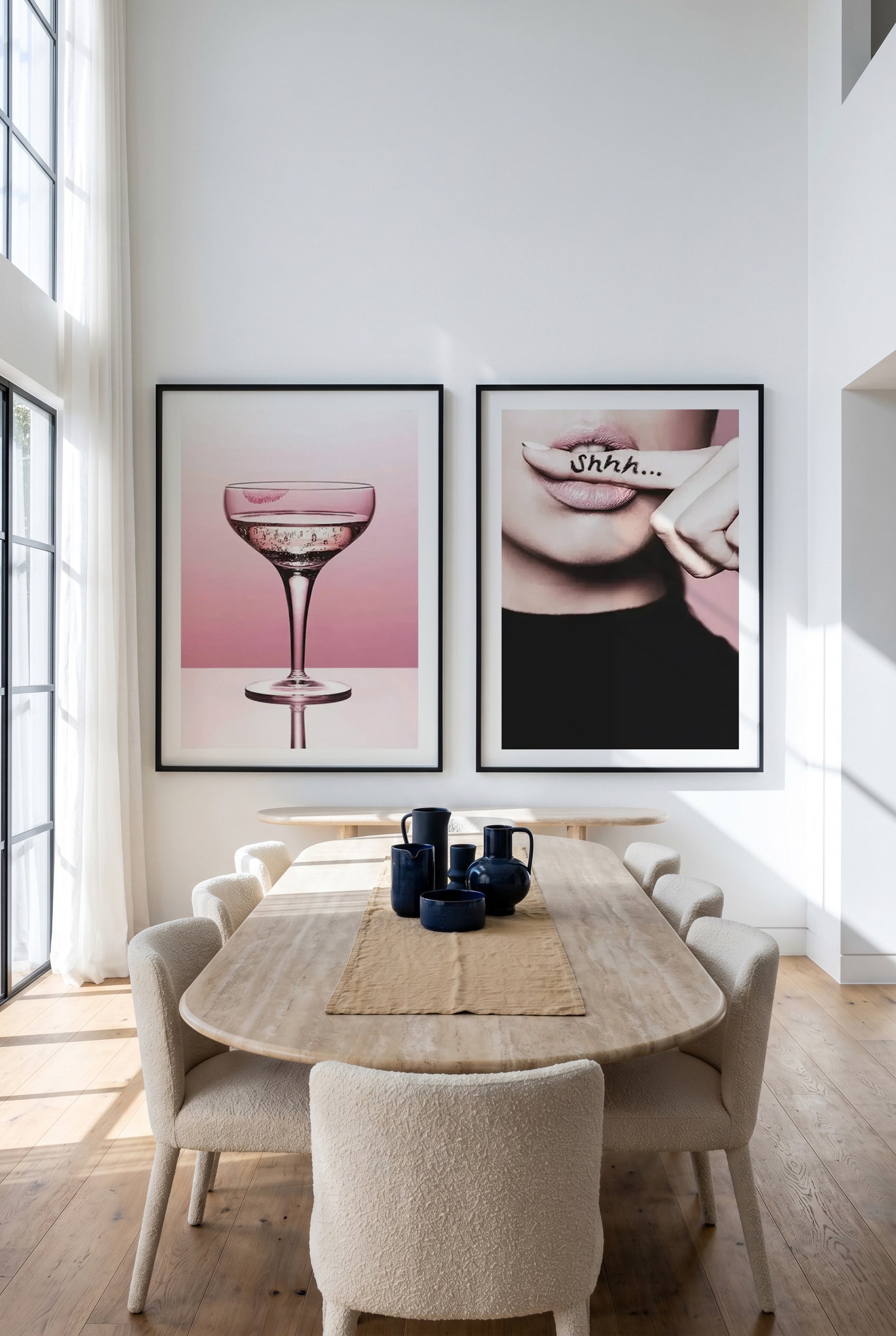 Pink Champagne & Shhh... Silence Art Print Set of 2 | Matching Wall Art