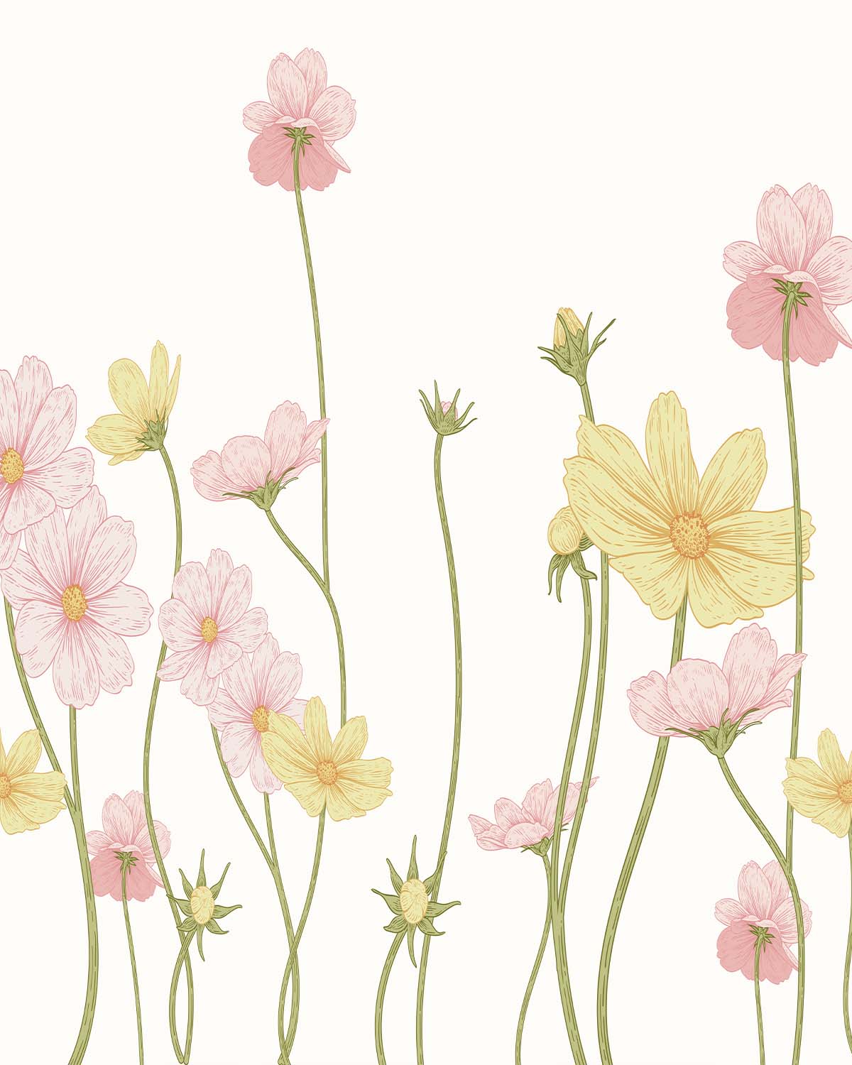 Pink & Yellow Spring Flowers in White Commercial Vinyl Wallcovering