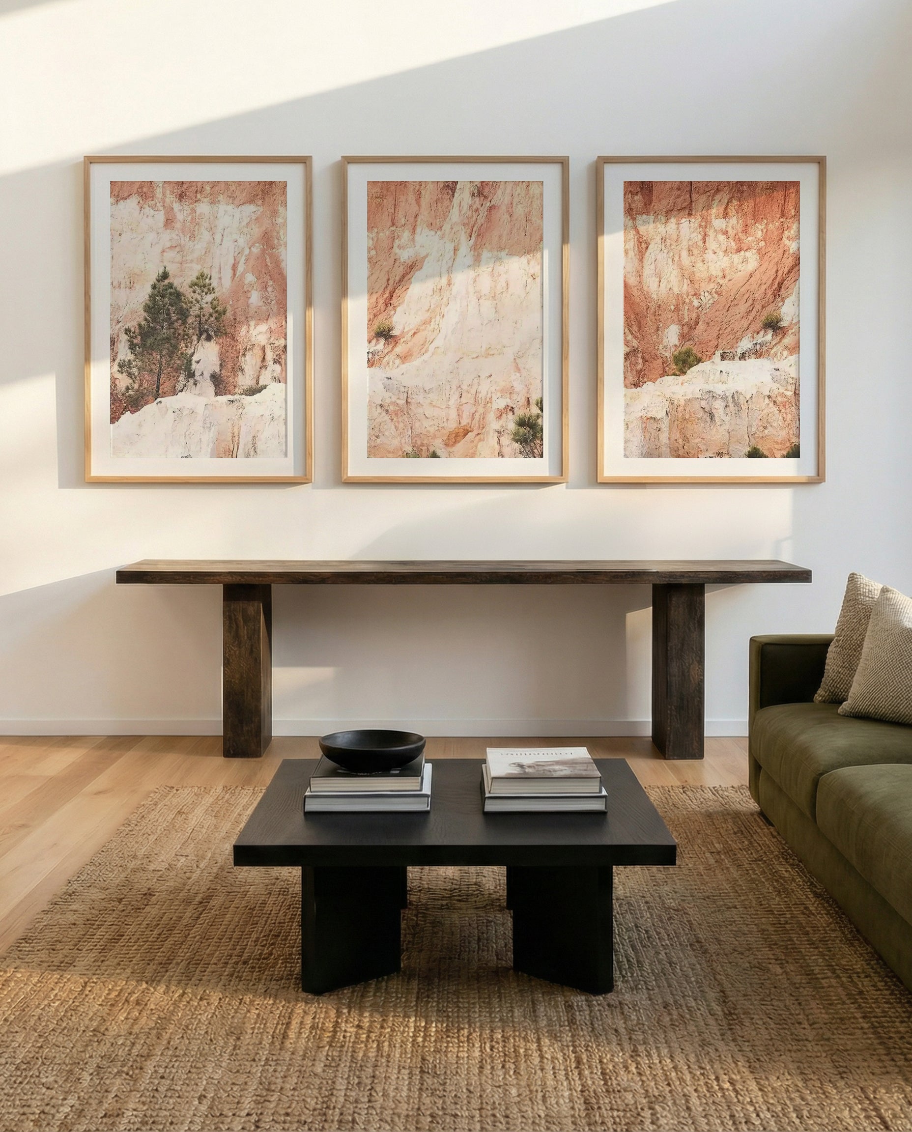 Pinnacles No I, II & III | 3 Piece Wall Art Set in Brown art print oak frame with white border