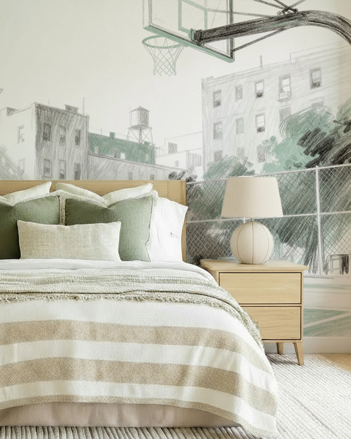 Hoop Hustle Basketball Mural in Sage Green Wallpaper from Olive et Oriel where you can shop wallpaper and artworks online