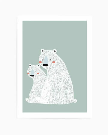 Art print featuring two stylized polar bears, a larger one and a smaller one, sitting side-by-side on a soft mint green background. The bears are white with visible brushstroke texture, black eyes, black noses, and rosy pink cheeks, giving them a gentle, illustrative quality.
