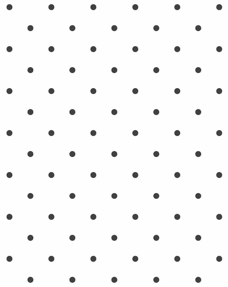 Peel and stick wallpaper featuring a repeating pattern of small, evenly spaced dark grey polka dots on a clean white background. The simple, classic design creates a uniform and minimalist aesthetic.