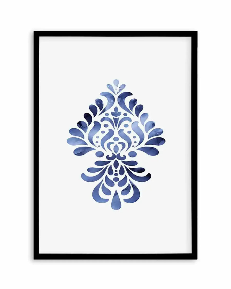 Watercolour art print featuring a symmetrical damask-like motif in varying shades of blue, with soft brushstroke detail and a gradient effect, printed on fine art paper and displayed in a black frame with white border.