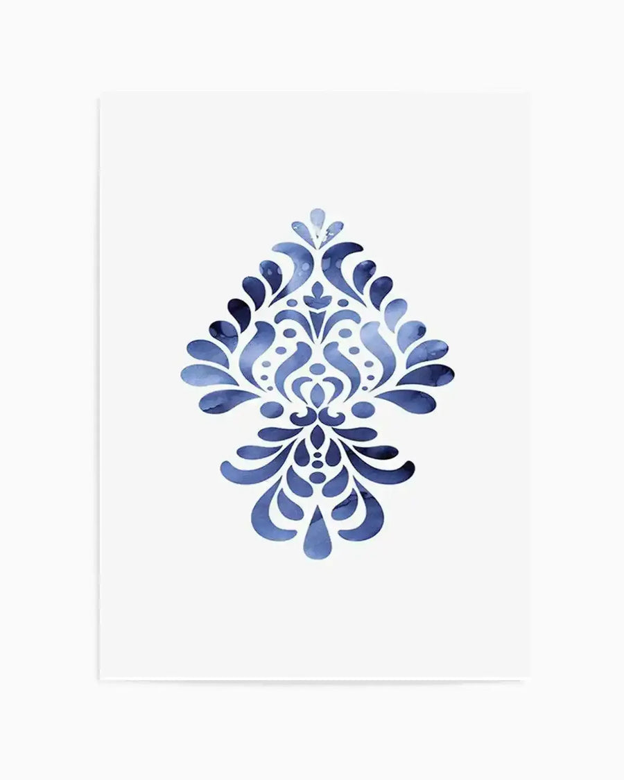 Watercolour art print featuring a symmetrical damask-style motif in varying shades of indigo and cerulean blue on a crisp white background. The design has a fluid, organic quality with visible brushstroke texture and subtle colour variations within each element.