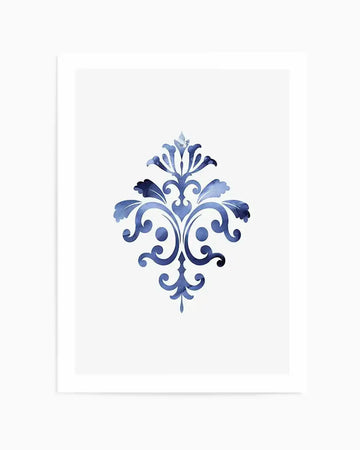 Watercolour art print featuring a symmetrical damask-style motif in varying shades of deep blue and indigo on a crisp white background, printed on fine art paper and displayed in a white frame with white border
