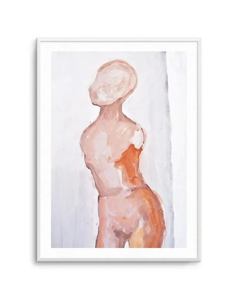 Oil paint art print featuring an abstract figure study with visible brushstrokes, rendered in warm tones of peach, terracotta, and burnt orange on a white background, displayed in a white frame with a white border.