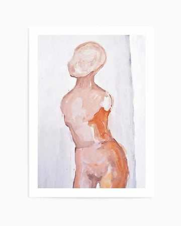 Abstract art print featuring a faceless human torso in profile, painted with loose brushstrokes in shades of pale peach, warm terracotta, and hints of muted brown. The figure is set against a soft white background with subtle grey vertical lines, suggesting a minimalist and contemplative mood.