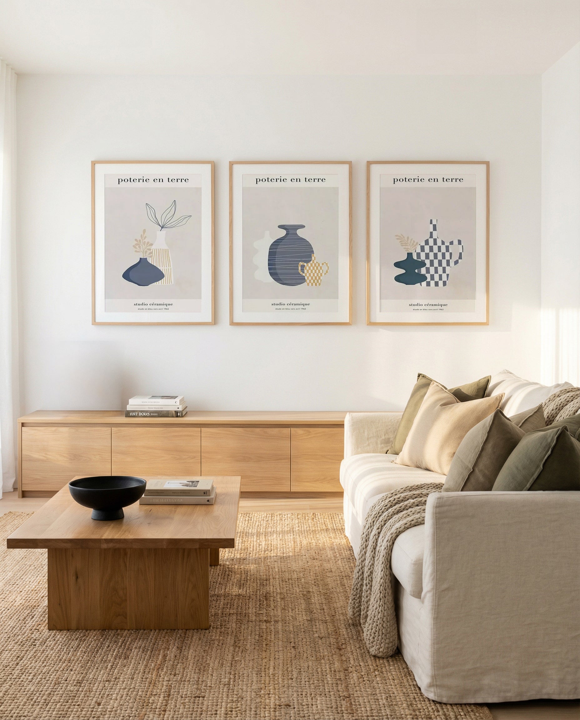 Poterie En Terre I, II & III | 3 Piece Wall Art Set in Beige and Brown art print oak frame with white border