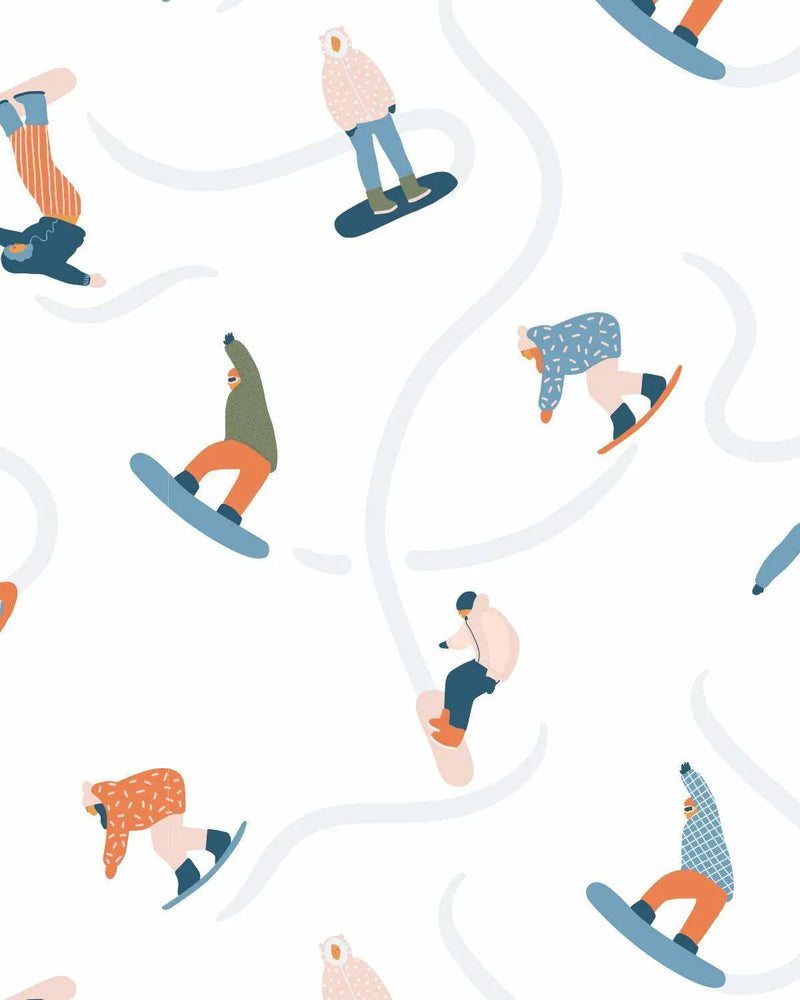 Peel and stick wallpaper featuring a repeating pattern of hand-drawn snowboarders in various poses on a white background with light blue, wavy lines representing snow trails. The snowboarders are depicted in a flat, illustrative style, wearing colourful winter gear in shades of olive green, orange, light blue, pink, and cream.