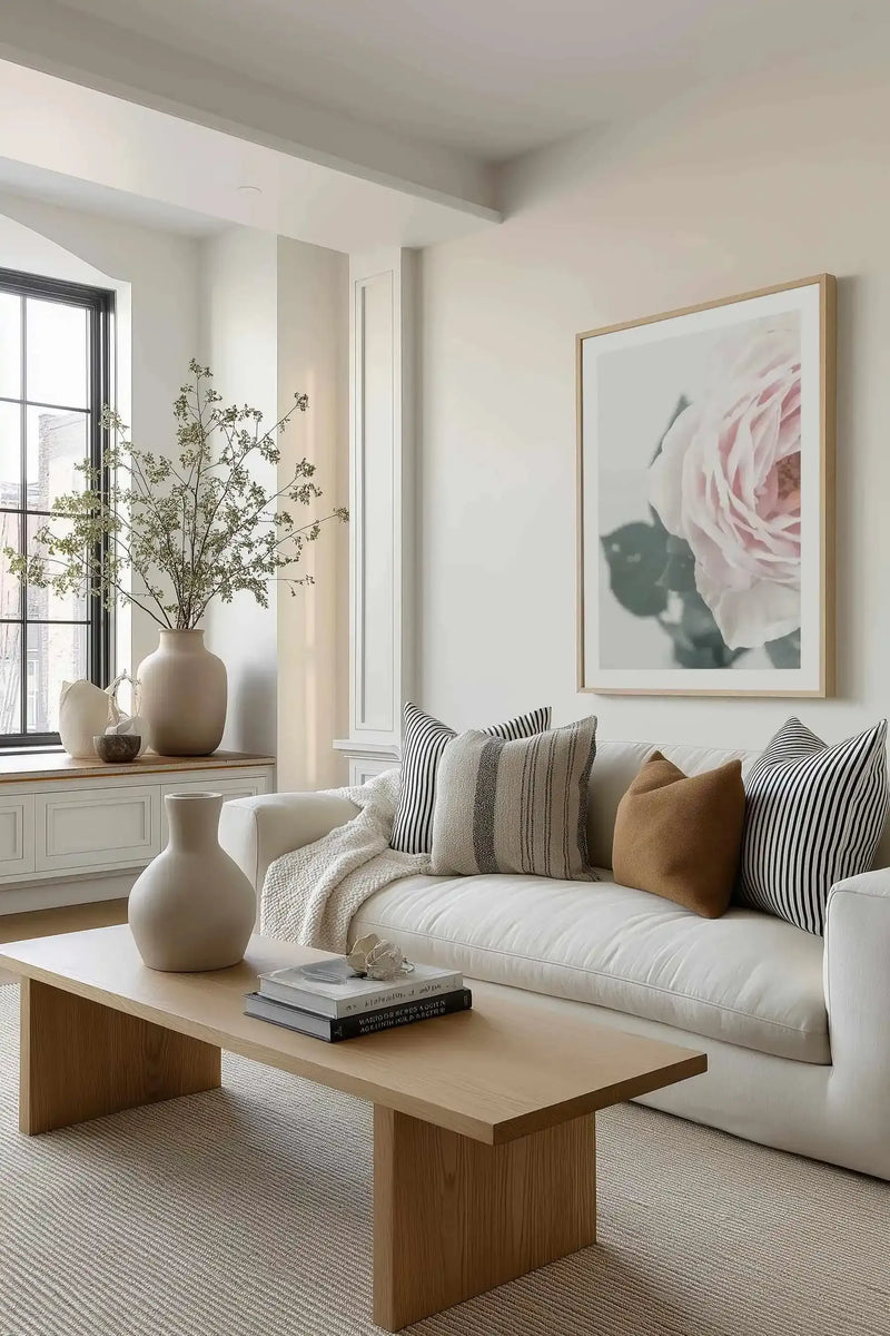 Large framed art print displayed above a white sofa in a minimalist living room. The print features a close-up photograph of a pink rose with soft, layered petals and a hint of green leaves, with a natural wood frame and white border. The room includes a light wood coffee table, a textured cream throw, and dried branches in a large ceramic vase.