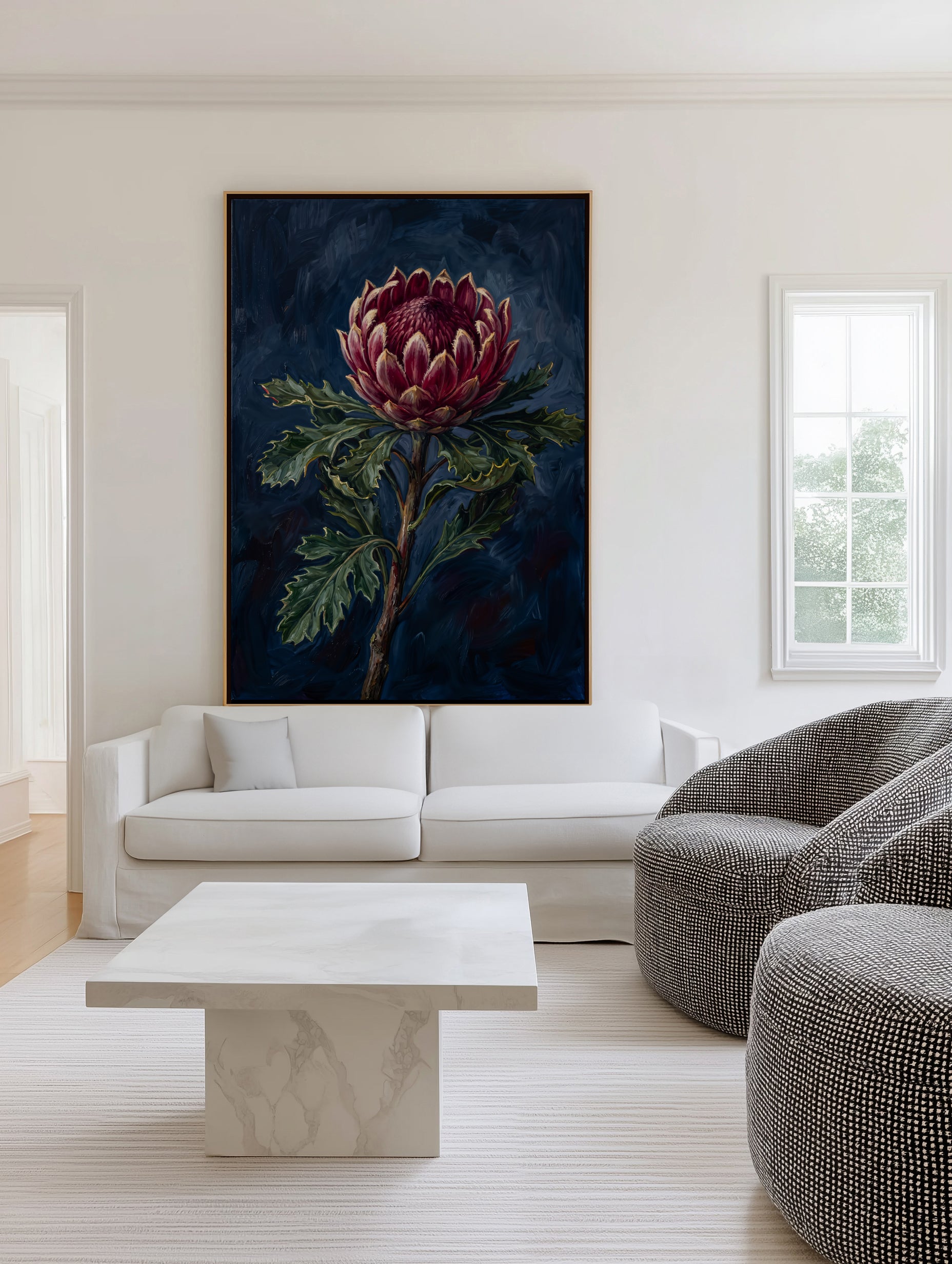 Protea Noir On Navy Botanicals Study | Framed Canvas Art Print