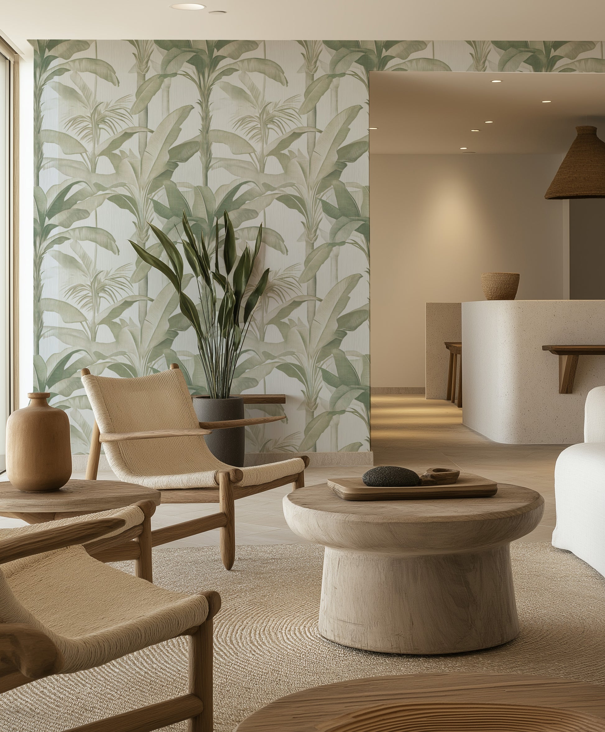 Puerto Rico Palms in Sage Green Commercial Vinyl Wallpaper from Olive et Oriel where you can shop wallpaper and artworks online