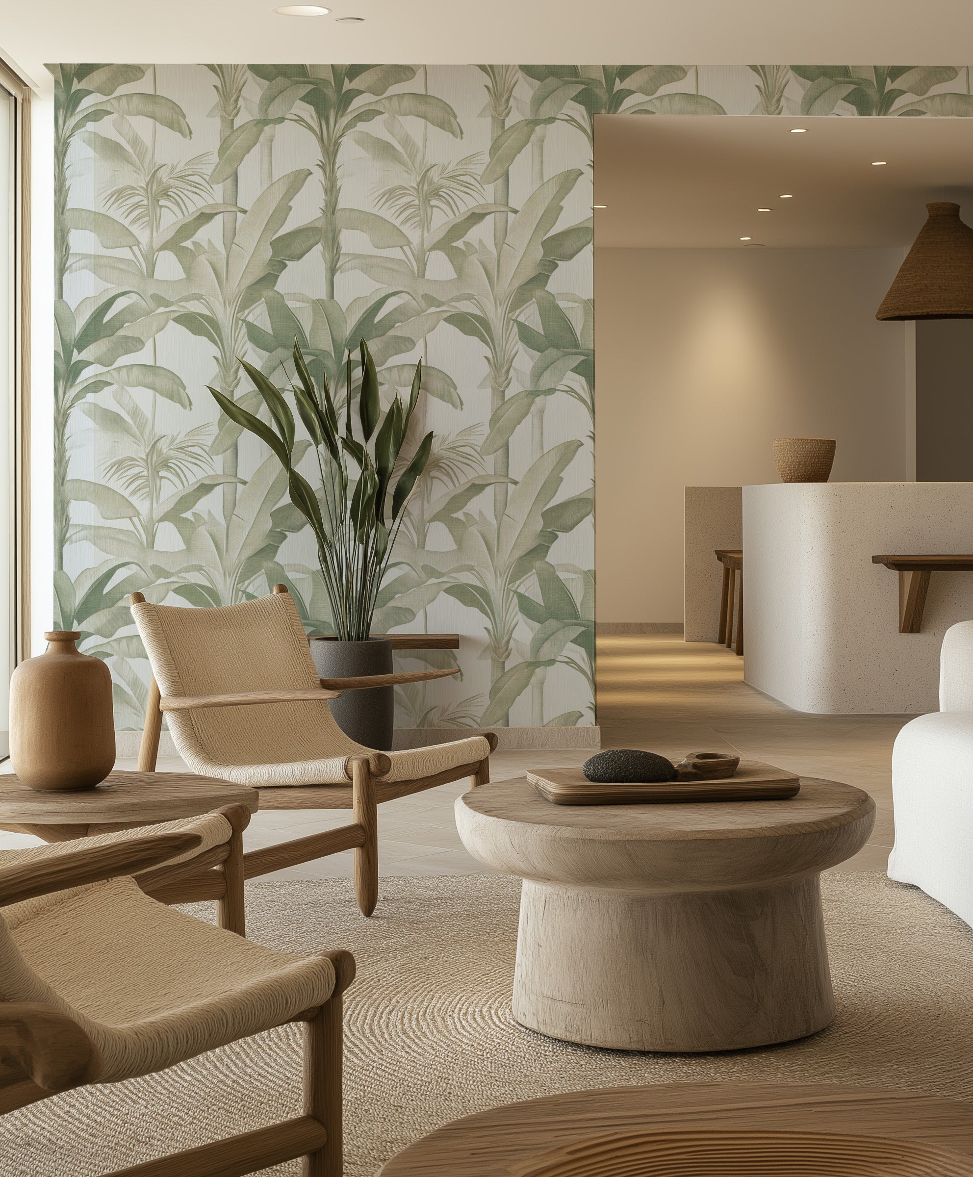 Puerto Rico Palms in Sage Green Commercial Vinyl Wallpaper from Olive et Oriel where you can shop wallpaper and artworks online