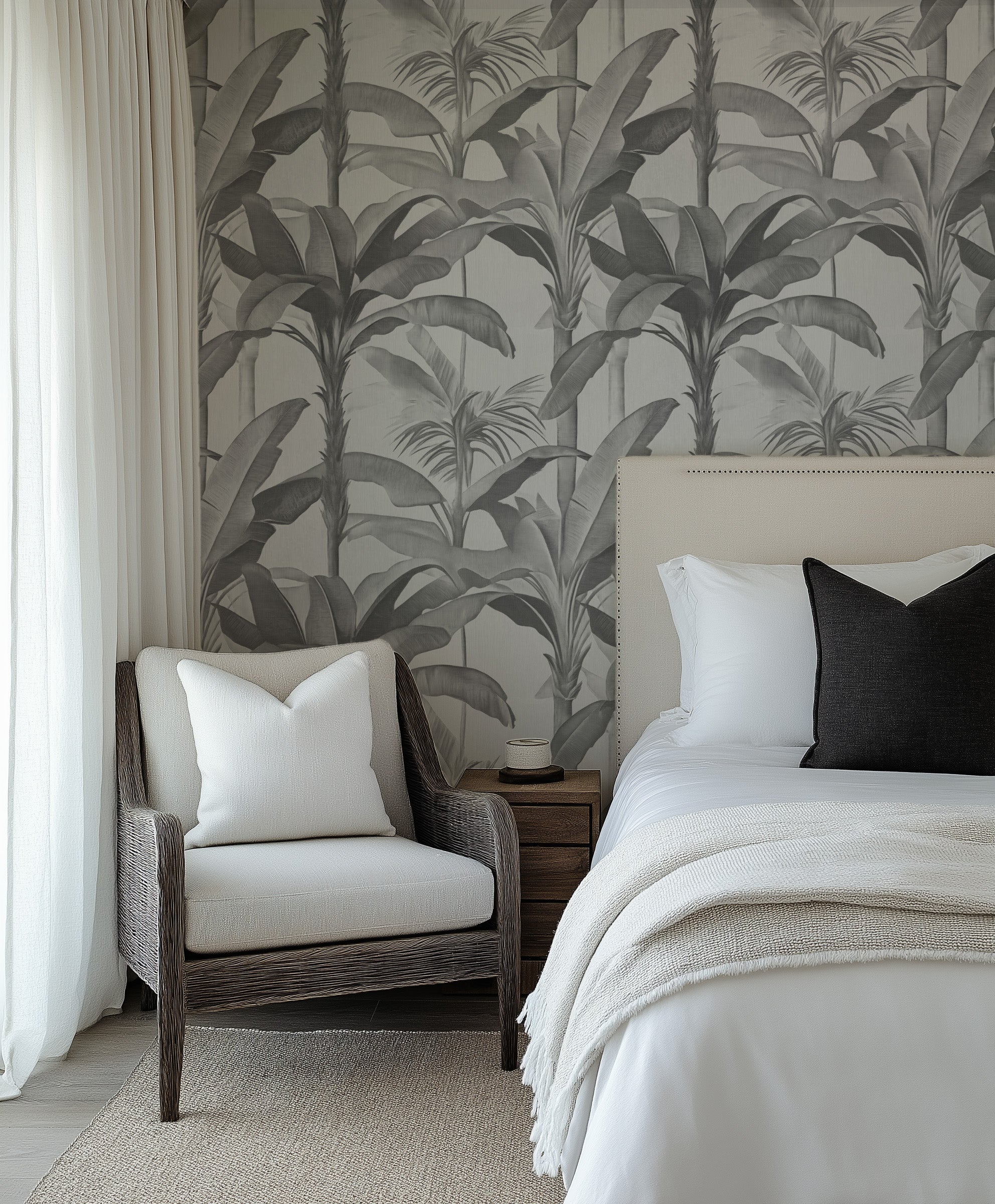Puerto Rico Palms in Black & White Commercial Vinyl Wallpaper from Olive et Oriel where you can shop wallpaper and artworks online