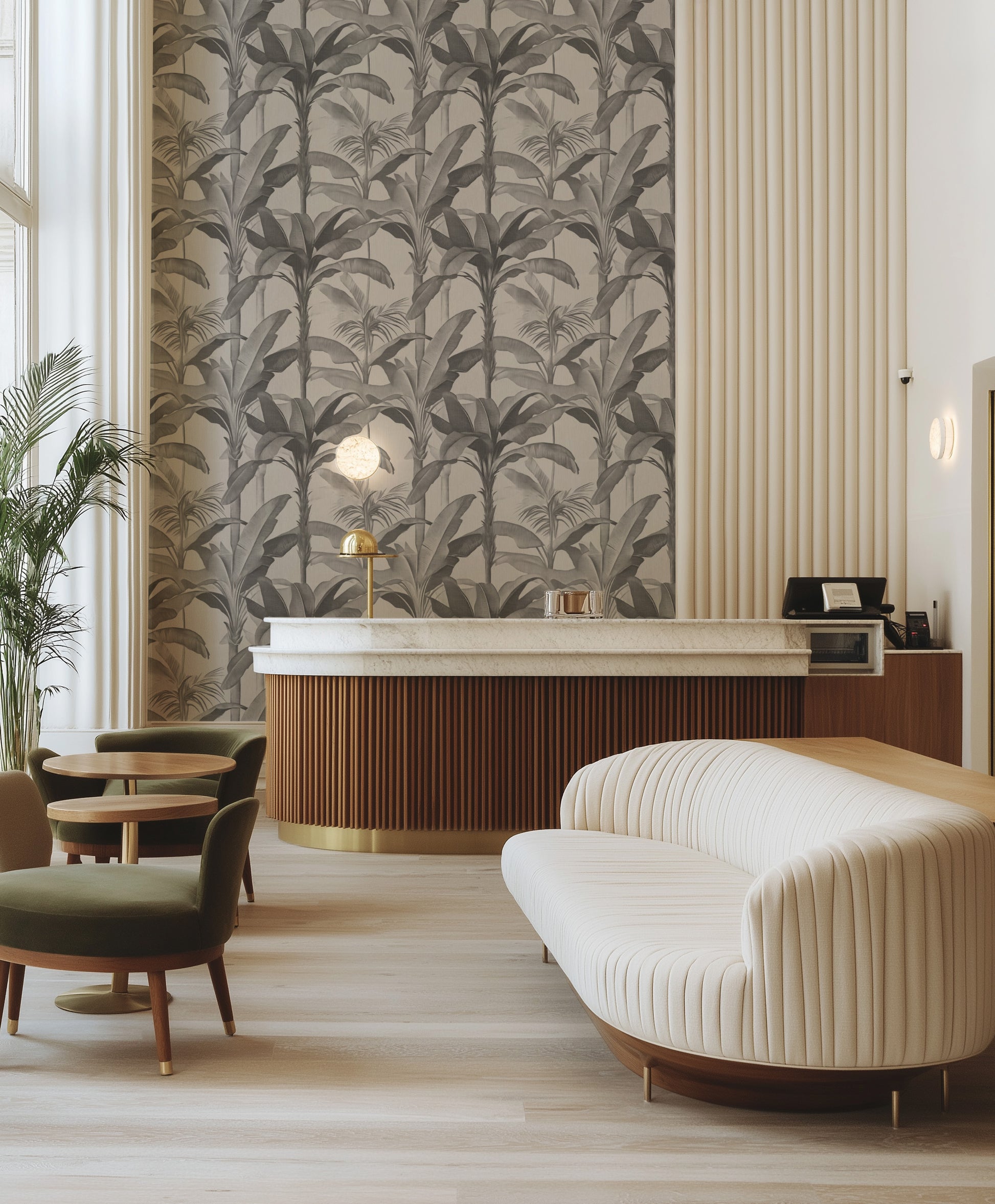 Puerto Rico Palms in Black & White Commercial Vinyl Wallpaper from Olive et Oriel where you can shop wallpaper and artworks online