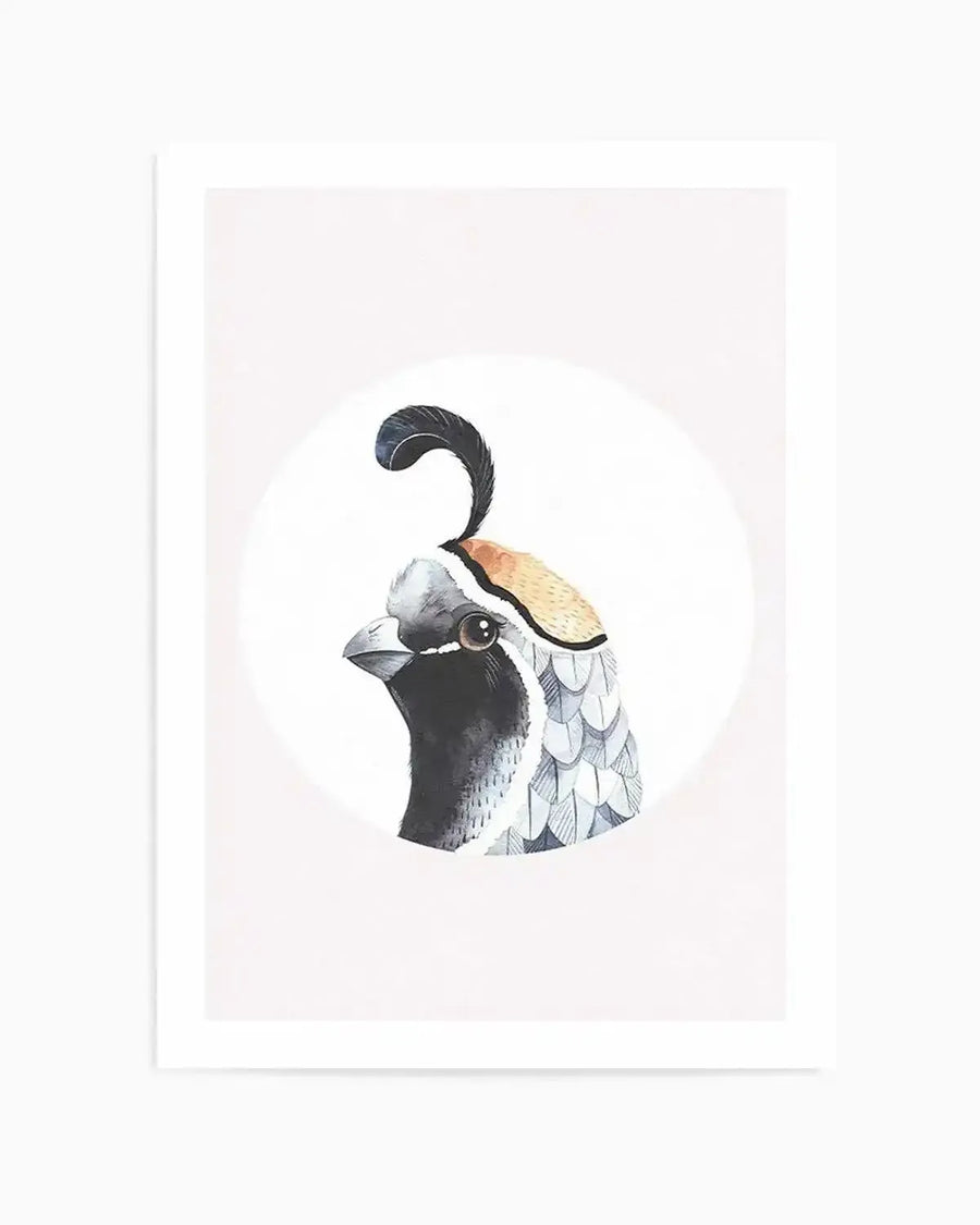 Watercolour art print featuring the head of a California quail with a distinctive black plume curling forward, set against a plain white background. The bird has a black and white striped face, a dark brown eye, a black beak, and textured grey and brown feathers on its head and neck.