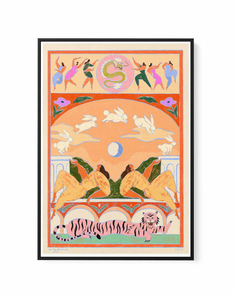 Rabbit Jumps Over The Moon by Arty Guava | Framed Canvas Art Print