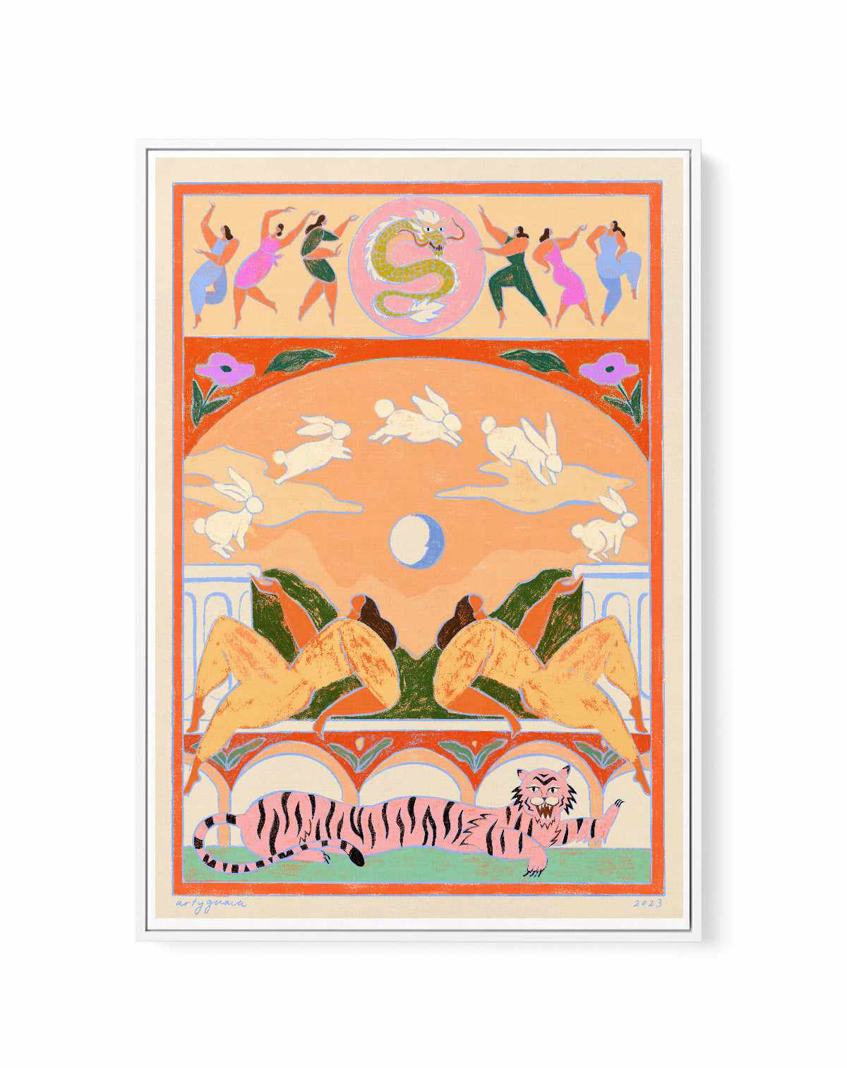 Rabbit Jumps Over The Moon by Arty Guava | Framed Canvas Art Print