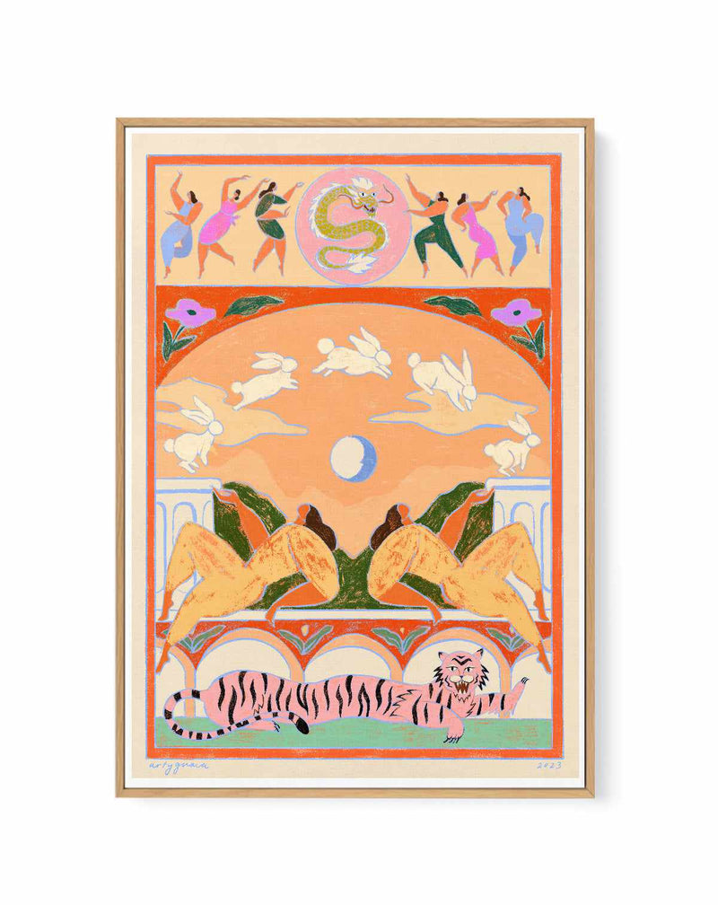 Rabbit Jumps Over The Moon by Arty Guava | Framed Canvas Art Print
