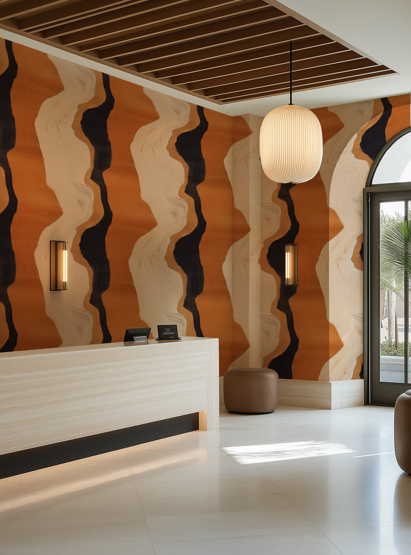 Flows Abstract in Orange & Beige Commercial Vinyl Wallpaper from Olive et Oriel where you can shop wallpaper and artworks online