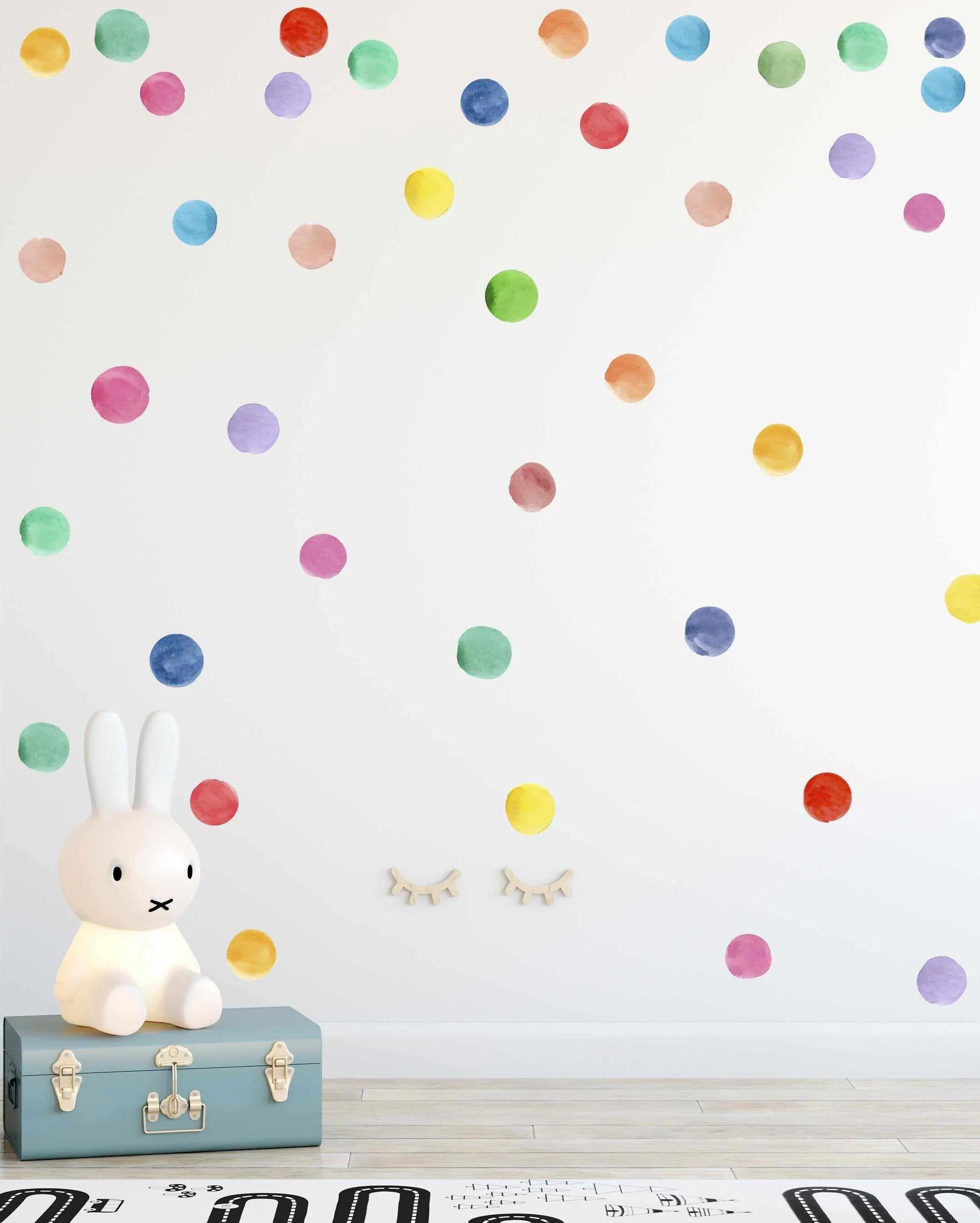 Rainbow Watercolour Dots Decal Set-Decals-Olive et Oriel-Decorate your kids bedroom wall decor with removable wall decals, these fabric kids decals are a great way to add colour and update your children's bedroom. Available as girls wall decals or boys wall decals, there are also nursery decals.